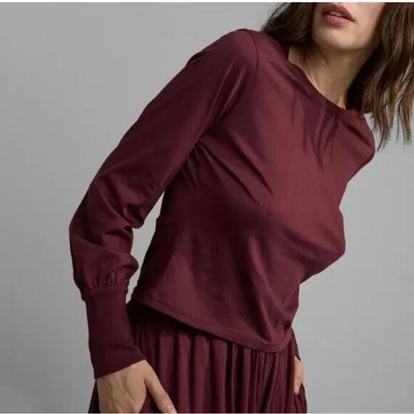 Lunya Organic Pima Cotton Crew Neck Long Sleeve Lounge Tee Burgundy Red Wine XS - Picture 1 of 7